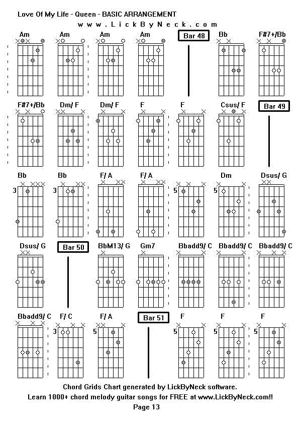 Chord Grids Chart of chord melody fingerstyle guitar song-Love Of My Life - Queen - BASIC ARRANGEMENT,generated by LickByNeck software.